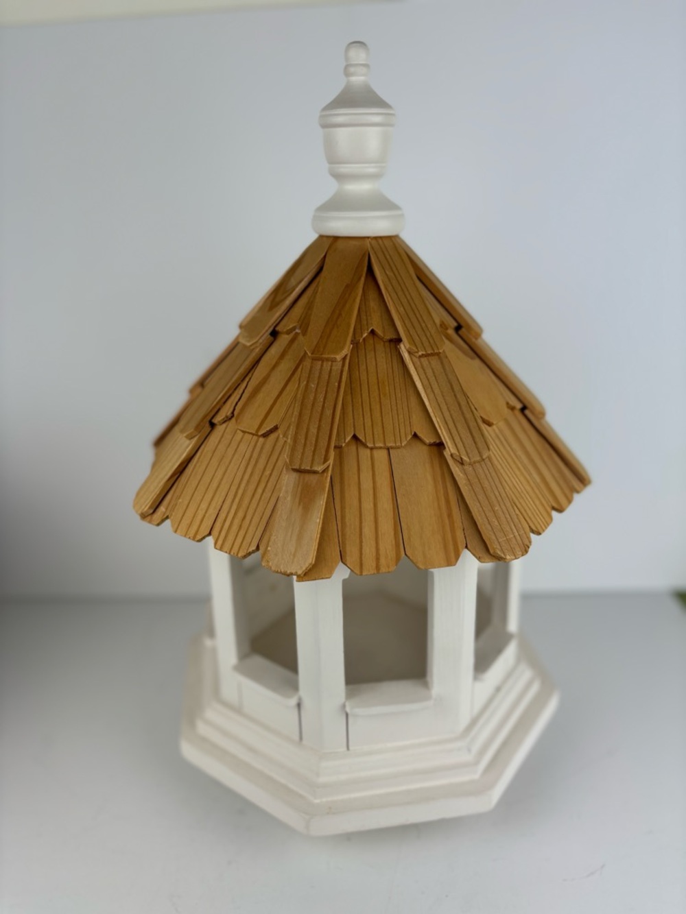 All-Wood Gazebo Birdhouse Feeder white w/ shingle roof-NWOT